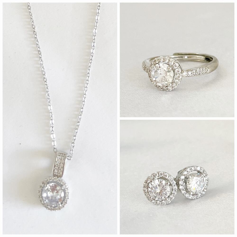 925 CZ Halo Set of 3 - Necklace Earring Ring Set Pendant Stamped - Picture 14 of 15